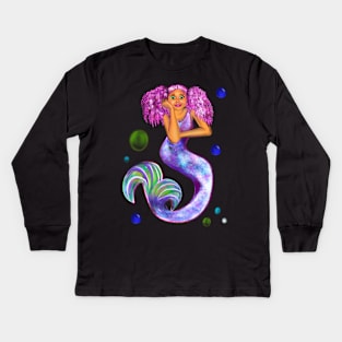 Magical rainbow mermaid with green eyes, pink hair and caramel brown skin Kids Long Sleeve T-Shirt